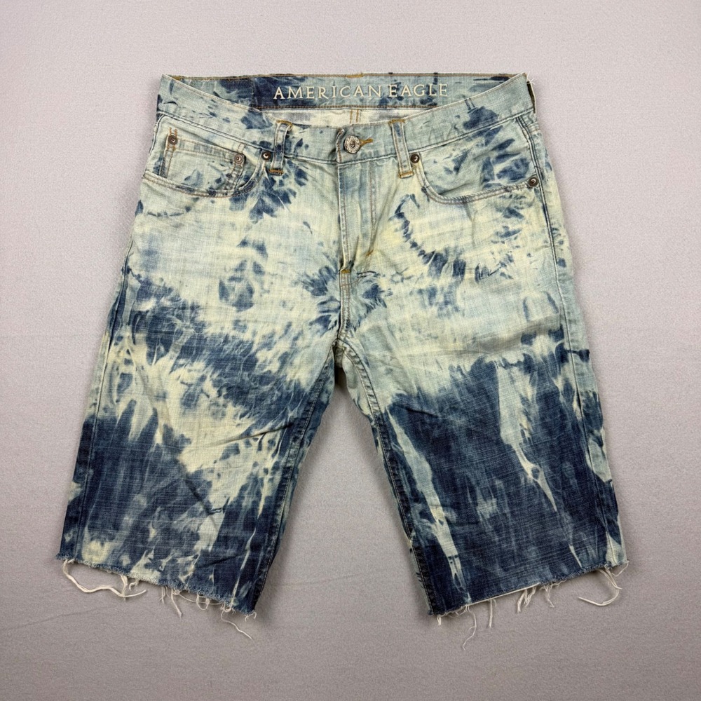 American Eagle Mens 31 Blue Bleach Cloud Reverse Tie-Dye Wash Raw Hem Shorts